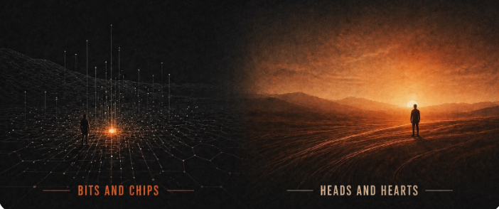 Bits & Chips, Heads & Hearts graphic showing the duality between technical intelligence and human depth.